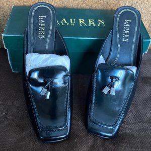 Ralph Lauren black patent leather tassel mules